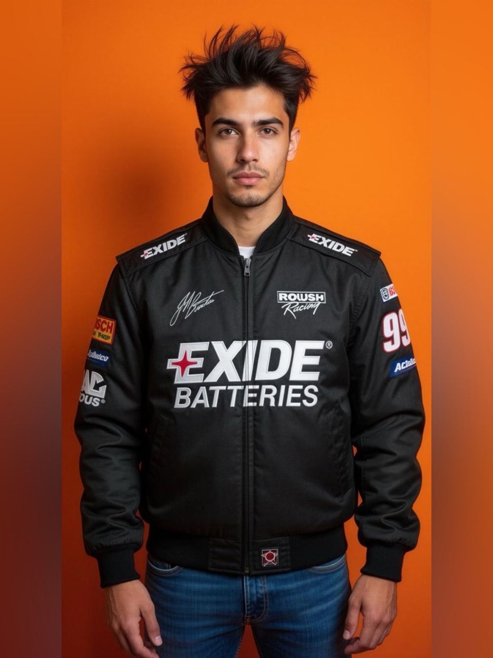 JH Design Mens Jeff Burton Black Exide Batteries Racing Team Jacket Size Large